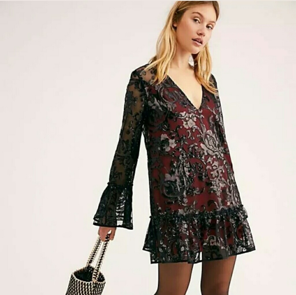 Free People Burgundy and Black Floral Overlay Mini Dress
